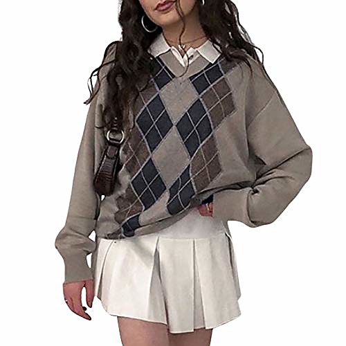 

womens argyle sweater long sleeve england style sweater tops fall pullover sweater (brown, l)