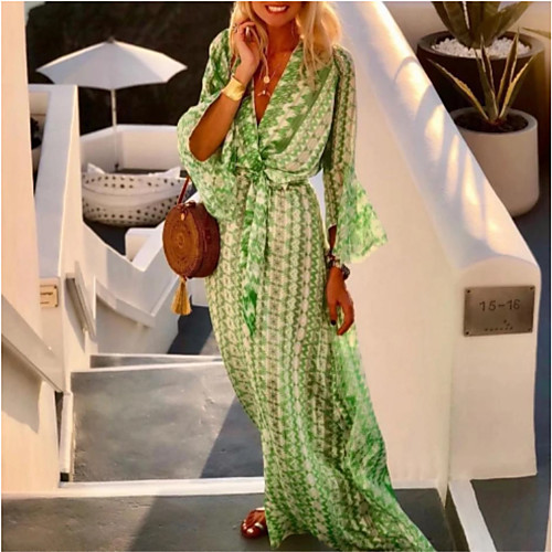 

Women's Swing Dress Maxi long Dress Blushing Pink Green 3/4 Length Sleeve Geometric Print Spring Summer V Neck Boho Flare Cuff Sleeve 2021 S M L XL XXL 3XL