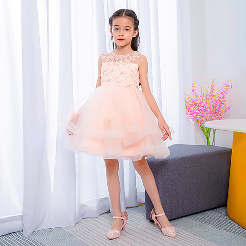 

Princess Knee Length Wedding / Event / Party Flower Girl Dresses - Tulle Sleeveless Jewel Neck with Bow(s) / Beading / Appliques