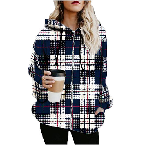 

Women's Plaid Print Fall & Winter Hoodied Jacket Long Sports Long Sleeve Cotton Blend Coat Tops Blue