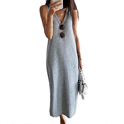 

Women's Shift Dress Midi Dress Gray Sleeveless Solid Color Spring Summer V Neck Casual 2021 S M L XL