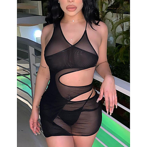 

Women's Strap Dress Short Mini Dress Black Sleeveless Solid Color Split Summer cold shoulder Casual Sexy 2021 S M L