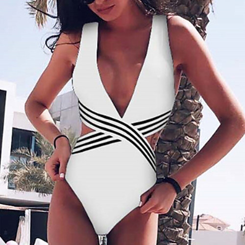 

Women's One Piece Swimsuit Black / White White Black Swimwear Strap Bathing Suits