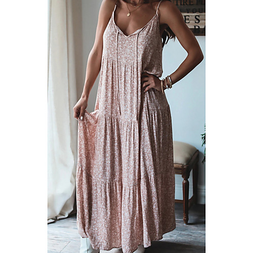 

Women's Shift Dress Maxi long Dress Blushing Pink Sleeveless Floral Print Summer V Neck Casual 2021 S M L XL