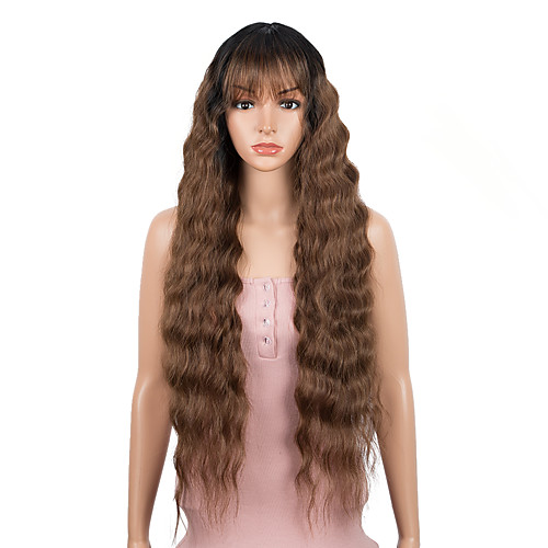 

Bella Synthetic Wig Non-lace Wig 30 inch Deep Wave Hair Dark Root Wig With Bangs Synthetic Long Hair Wigs For Women Cosplay