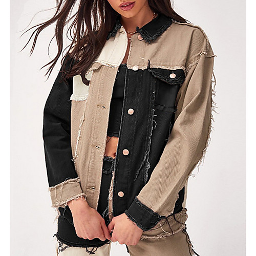 

Women's Color Block Patchwork Spring & Summer Denim Jacket Regular Daily Long Sleeve Denim Coat Tops Black