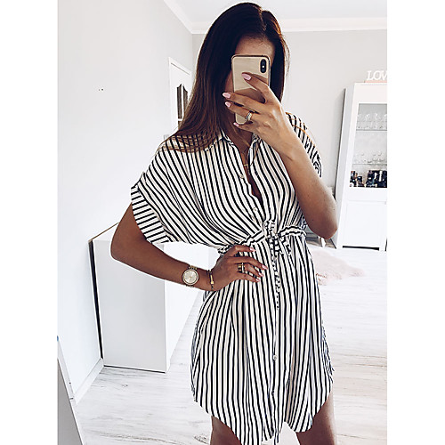 

Women's Shirt Dress Knee Length Dress White Short Sleeve Striped Spring Summer Shirt Collar Work Elegant 2021 S M L XL