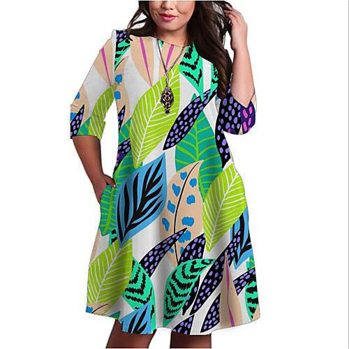 

Women's Plus Size Dresses Shift Dress Knee Length Dress 3/4 Length Sleeve Floral Graphic Color Block Print Casual Fall Green XL XXL 3XL 4XL 5XL / Holiday