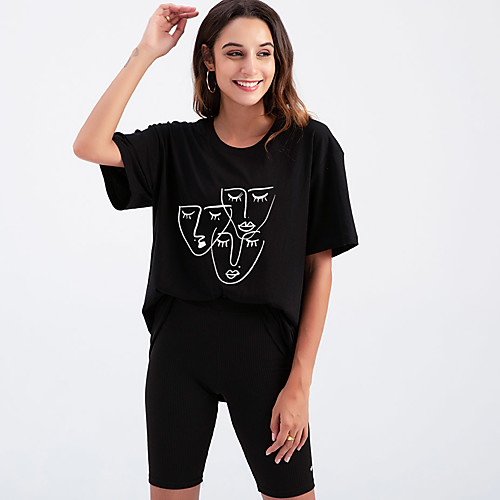 

Women's T shirt Graphic Print Round Neck Tops Cotton Basic Basic Top White Black Purple