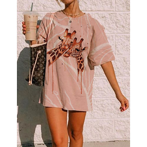 

Women's T Shirt Dress Tee Dress Short Mini Dress Blushing Pink Short Sleeve Animal Print Summer Round Neck Casual 2021 S M L XL XXL 3XL