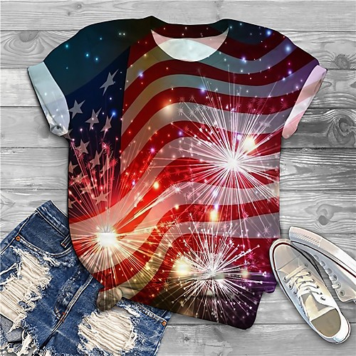 

Women's Plus Size Print Graphic Flag T shirt Large Size Crewneck Short Sleeve Basic Tops XL XXL 3XL Red Big Size