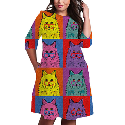 

Women's Plus Size Cat Graphic Animal Print Casual 3/4 Length Sleeve Fall Knee Length Dress Shift Dress Red