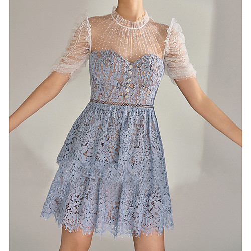 

A-Line Flirty Boho Holiday Cocktail Party Dress Illusion Neck Short Sleeve Short / Mini Lace with Buttons Tier 2021