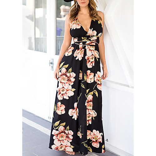 

Women's A Line Dress Maxi long Dress Black Sleeveless Color Block Print Summer cold shoulder Casual 2021 S M L XL