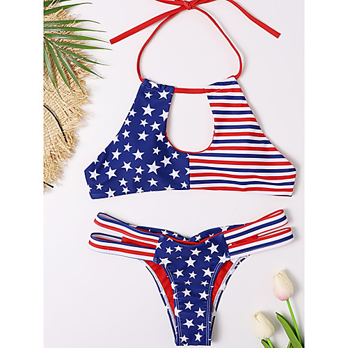 

Women's Bikini 2 Piece Swimsuit Open Back Slim Color Block Flag Blue Swimwear Halter Padded Strap Bathing Suits New Fashion Sexy