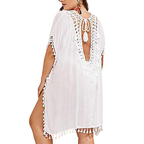 

women plus size bikini swimsuit swimwear bathing suits beach cover up tassel lace beachwear coverups (one-size, white)