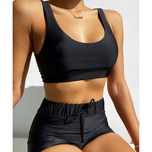 

Women's Bikini 2 Piece Swimsuit Open Back Slim Solid Color Abstract Black Swimwear Padded Crop Top Strap Bathing Suits New Fashion Sexy