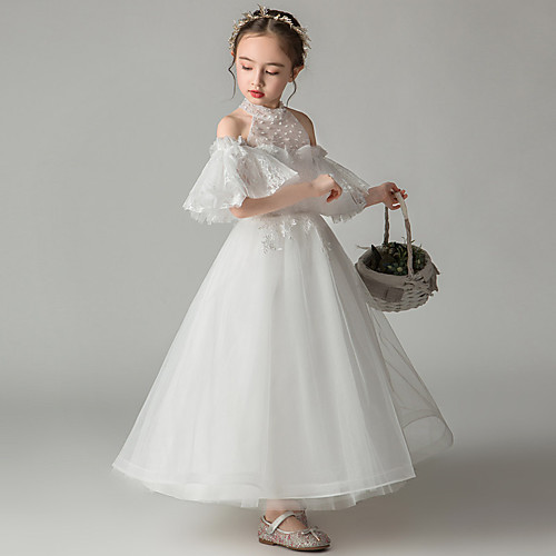 

Princess Ankle Length Event / Party / First Communion Flower Girl Dresses - Tulle Short Sleeve / Sleeveless High Neck with Beading / Appliques / Solid