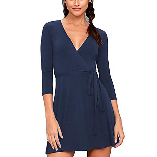 

albe rita women's classic 3/4 sleeve v neck sheath casual party work faux wrap dress, navy blue, xl