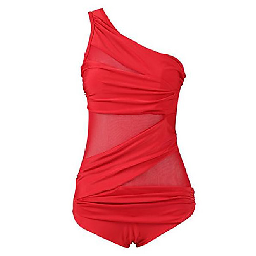 

bechic women's one piece single shoulder swimsuit ruched tummy control mesh push up swimwear retro bathing suit-red(us12-14)