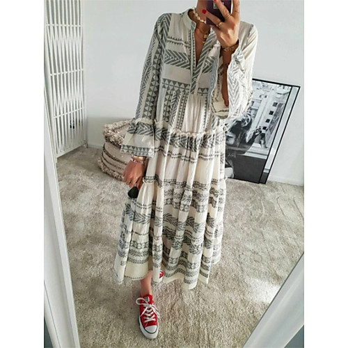 

Women's Swing Dress Maxi long Dress Blushing Pink Gray 3/4 Length Sleeve Geometric Print Spring Summer V Neck Boho Flare Cuff Sleeve 2021 S M L XL XXL 3XL
