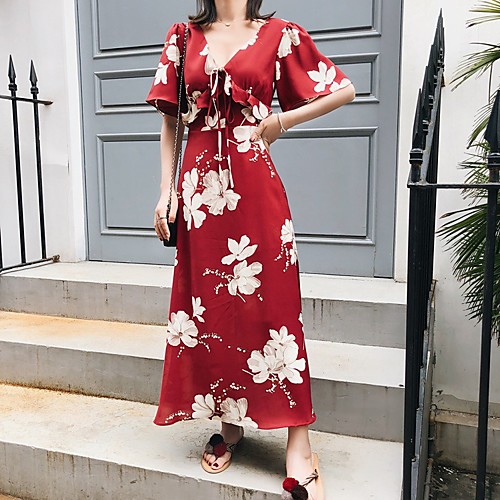 

A-Line Bohemian Vintage Holiday Wedding Guest Dress V Neck Half Sleeve Ankle Length Chiffon with Split Pattern / Print 2021