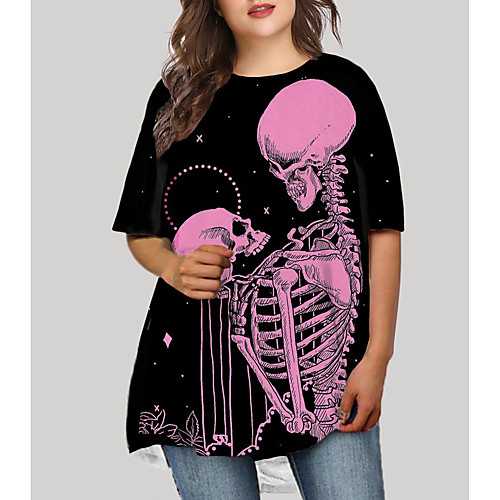 

Women's Plus Size Graphic Skull Print Basic Half Sleeve Fall Short Mini Dress T Shirt Dress Tee Dress Black