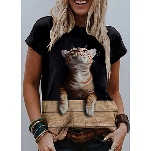 

Women's T shirt Cat Graphic 3D Print Round Neck Tops Basic Basic Top White Khaki Gray