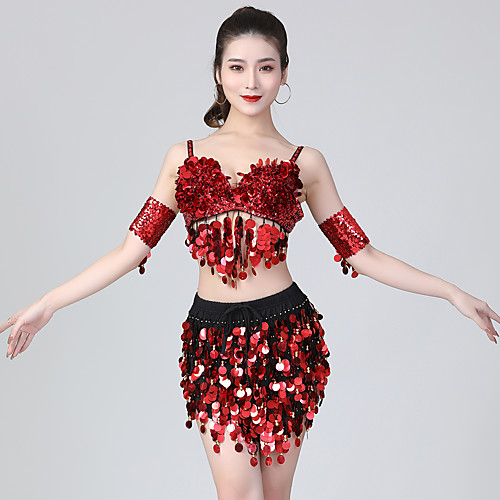 

Belly Dance Skirts Cinch Cord Ruching Gore Women's Training Performance Sleeveless Natural Sequined Polyester