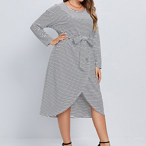 

Women's Striped Lace up Print Casual Long Sleeve Spring & Summer Knee Length Dress T Shirt Dress Tee Dress As shown / vacation dresses