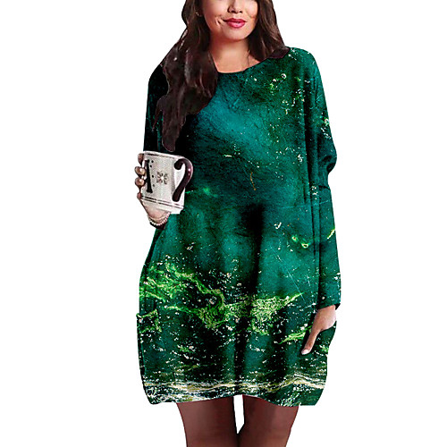 

Women's Plus Size Print Color Block Print Casual Long Sleeve Spring & Fall Short Mini Dress Shift Dress Green