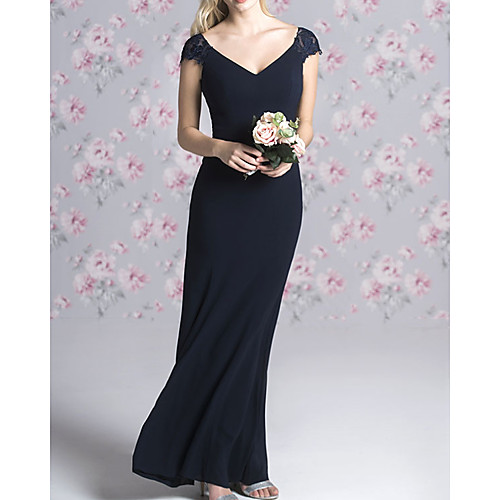 

Sheath / Column V Neck Floor Length Chiffon Bridesmaid Dress with Appliques
