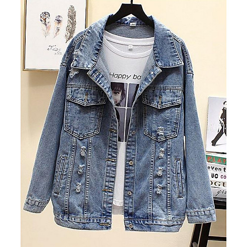 

Women's Solid Colored Basic Spring & Fall Denim Jacket Regular Daily Long Sleeve Cotton Coat Tops Light Blue