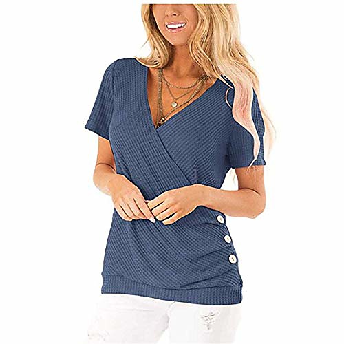 

womens tops and blouses summer casual short sleeve solid t shirts tunic women's tshirts v neck with plus size (xl, blue)