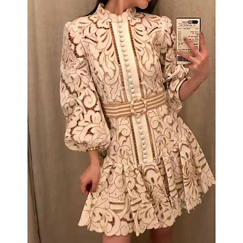 

A-Line Cut Out Floral Party Wear Cocktail Party Dress Stand Collar Long Sleeve Short / Mini Cotton with Buttons Pattern / Print 2021