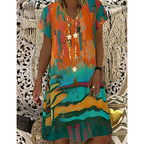 

Women's A Line Dress Knee Length Dress Blue Orange Green Short Sleeve Print Tie Dye Print Summer V Neck Elegant 2021 S M L XL XXL 3XL