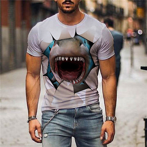 

Men's Tees T shirt 3D Print Graphic Prints Shark Animal Print Short Sleeve Daily Tops Casual Designer Big and Tall White
