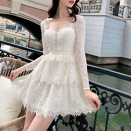 

A-Line Flirty Elegant Wedding Guest Cocktail Party Dress Scoop Neck Long Sleeve Short / Mini Lace with Buttons Tier 2021