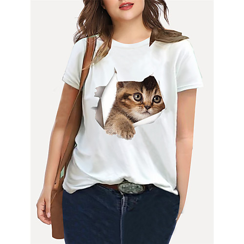 

Women's Plus Size Print Cat Graphic Animal T shirt Large Size Crewneck Short Sleeve Basic Tops XL XXL 3XL White Black Blue Big Size