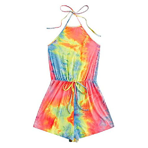 

women tie dye sport rompers drawstring waist wide leg tie neck summer jumpsuit multicolor x-small