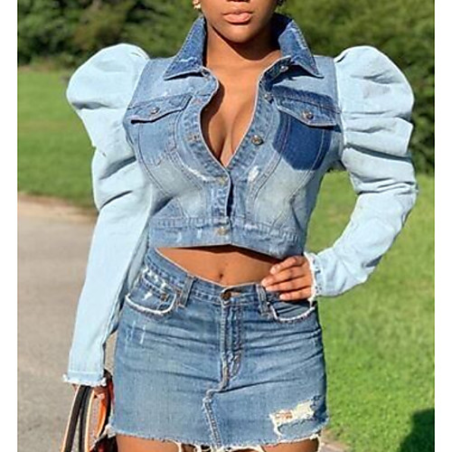 

Women's Solid Colored Casual Spring & Fall Denim Jacket Short Daily Long Sleeve Denim Coat Tops Blue