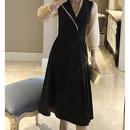 

A-Line Empire Elegant Wedding Guest Cocktail Party Dress V Neck 3/4 Length Sleeve Tea Length Satin with Pleats 2021