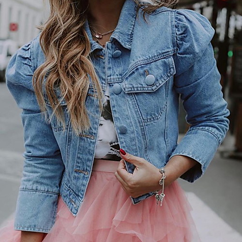 

Women's Solid Colored Streetwear Spring & Summer Denim Jacket Regular Daily Long Sleeve Denim Coat Tops Light Blue