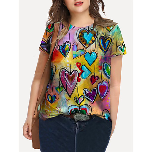 

Women's Plus Size Print Graphic Heart T shirt Large Size Crewneck Short Sleeve Basic Tops XL XXL 3XL Yellow Big Size