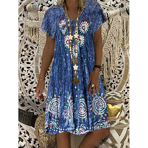 

Women's A Line Dress Short Mini Dress Blue Short Sleeve Print Print Summer V Neck Elegant 2021 S M L XL XXL