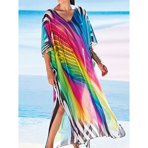 

Women's Swimsuit Cover Up Beach Top Swimsuit Oversized Mesh Color Block Abstract Rainbow Swimwear T shirt Dress Tunic V Wire Bathing Suits New Fashion Sexy
