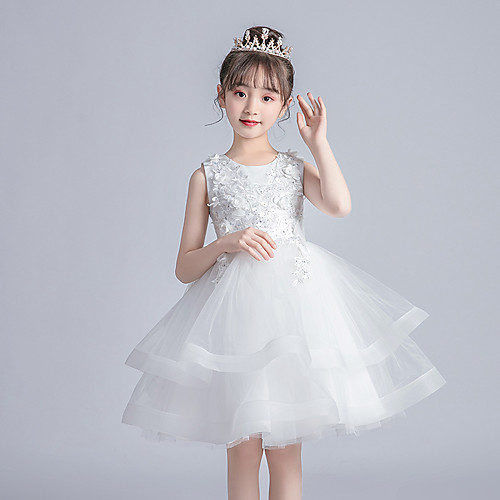 

Princess / Ball Gown Jewel Neck Knee Length Tulle Junior Bridesmaid Dress with Ruffles / Appliques