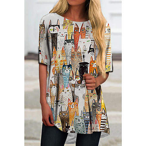 

Women's T Shirt Dress Tee Dress Short Mini Dress White Black Blue Yellow Green Half Sleeve Cat Color Block Animal Print Spring Summer Round Neck Casual 2021 S M L XL XXL 3XL