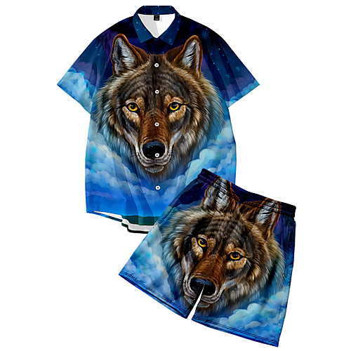 

Men's Shirt Suits 3D Print Wolf Animal Button-Down 3D Print Short Sleeve Street Tops Fashion Classic Breathable Comfortable Blue