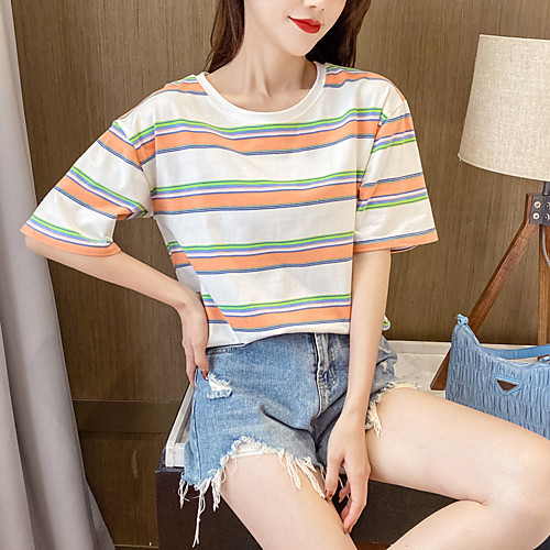 

Women's Tee / T-shirt Stripe Crew Neck Stripes Sport Athleisure Top Short Sleeves Breathable Soft Comfortable Everyday Use Casual Daily Outdoor